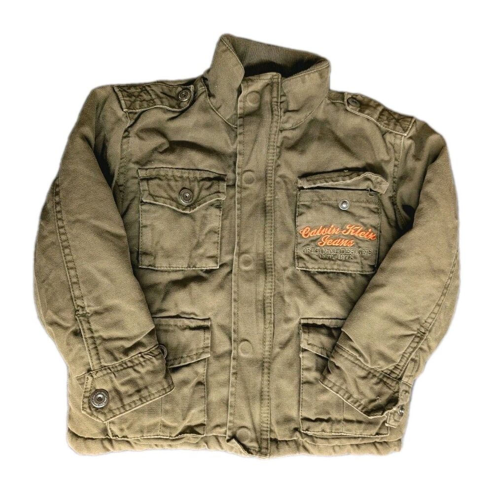 Calvin Klein Jacket Kid's Size 4 Army Green Denim Embroidered Logo Top Gun **